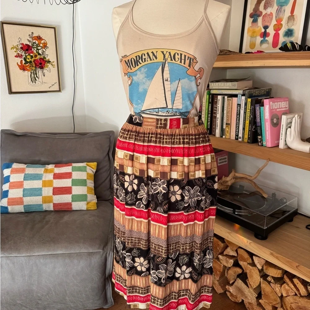 Vintage 80’s or 90’s Alfred Dunner Vibrant Floral and Stripe Midi Skirt